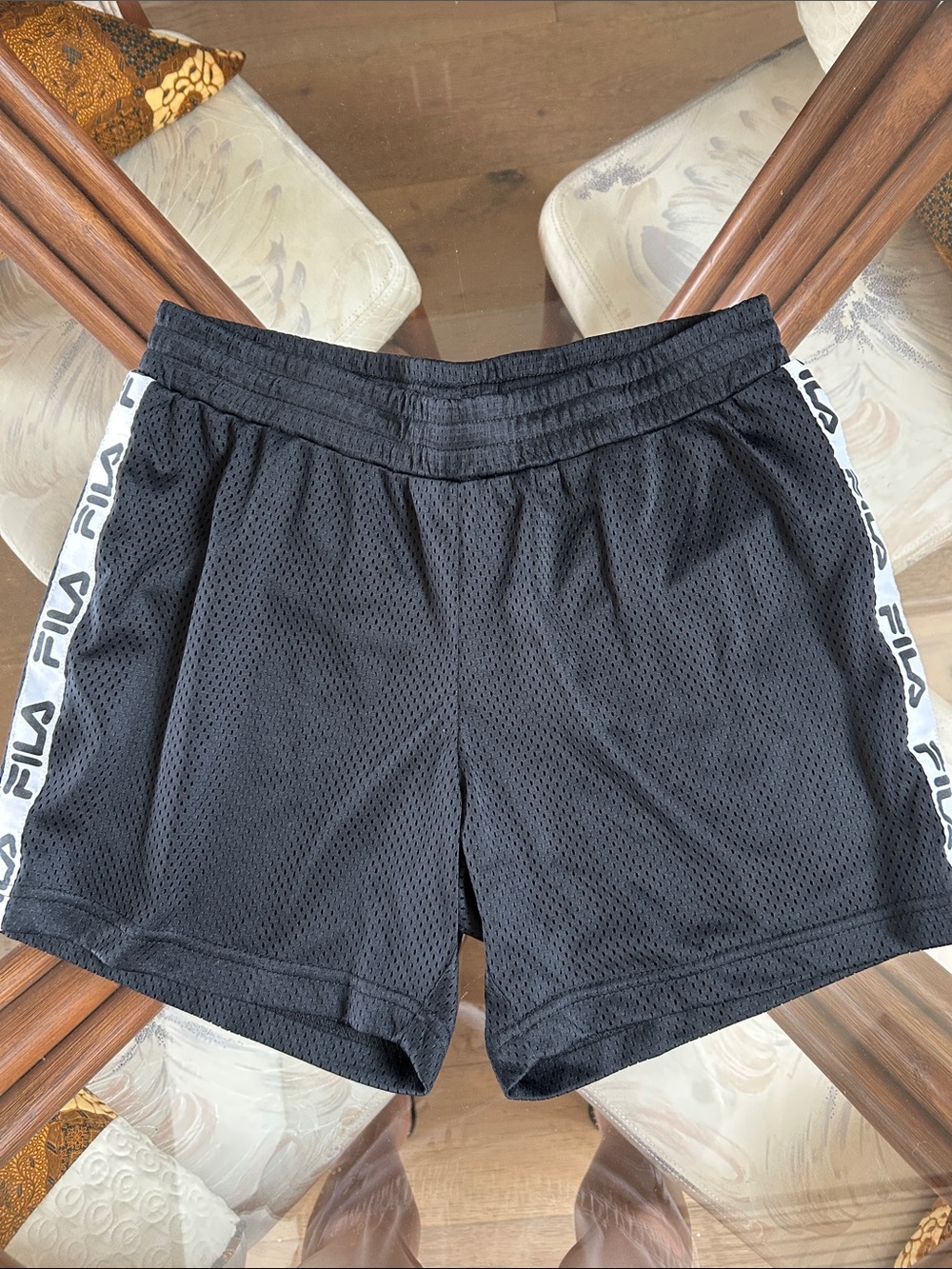 Fila Black Mesh Athletic Shorts with White Logo Side Tape